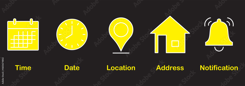 Poster address time date icons set. phone and notification bell icons. location and contact icons. stopwatc