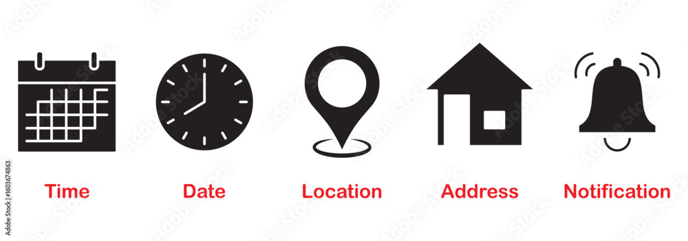 Poster date, time, location address, notification icon. address location icon. notification bell icon. stop