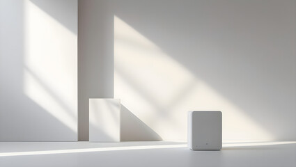 Sleek Modern White Room with Sunlight and Minimalist Design Device