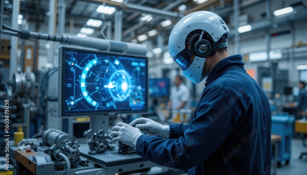 Poster futuristic factory worker using advanced technology
