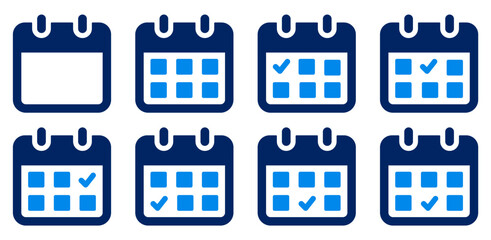 Calendar icon collection. Calendar icon with check mark, indicating a completed schedule, appointment, agenda or task. Simple flat vector	