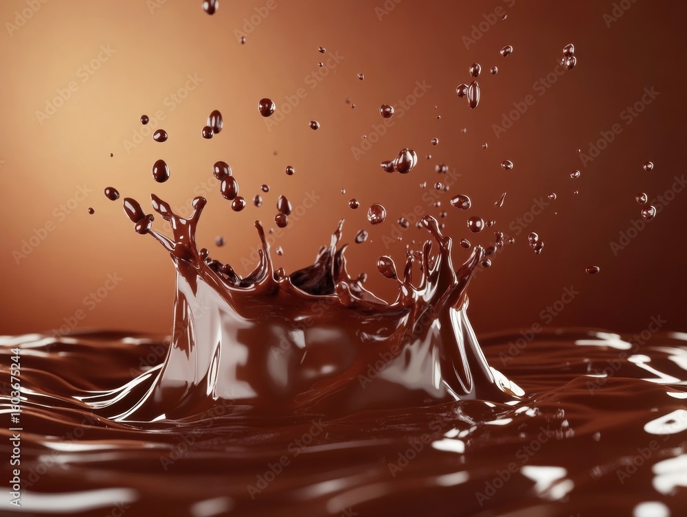 Poster dark, glossy chocolate forms a captivating splash as it collides with liquid, creating dynamic waves