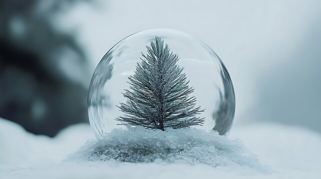 Snow globe made of ice crystal, pine tree spinning slowly within