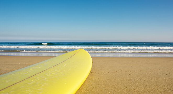Sunny beach scene with yellow surfboard