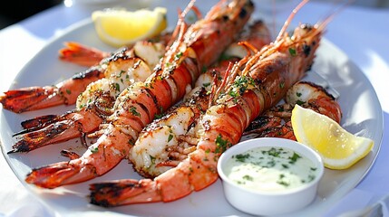 Juicy prawns grilled on a barbecue, seasoned with herbs and garlic, served with lemon wedges and a dipping sauce platter.