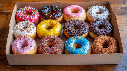 An assortment of colorful donuts with different toppings like sprinkles and glaze, neatly arranged in a box on a rustic wooden surface.