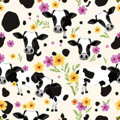 Cute Cow and Floral Seamless Pattern – Farm Animal Digital Paper for Fabric, Wrapping, and POD
