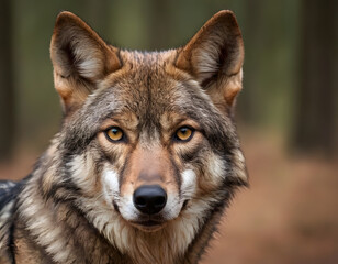 Fototapeta premium Generative AI illustration of an Iberian wolf of Spain. A close-up of a European wolf with hazel eyes is looking at the camera. A natural background with text space.