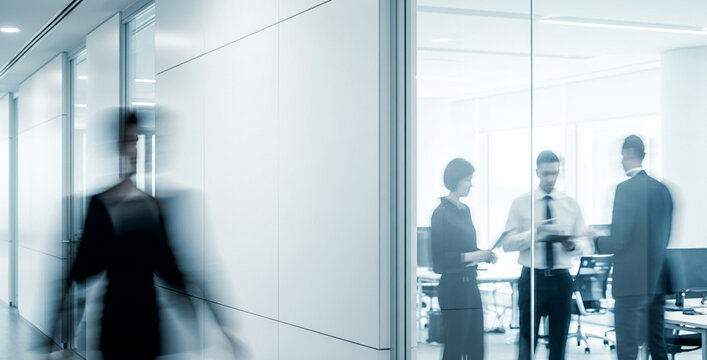 People in an office setting with glass walls and a blurred figure walking.