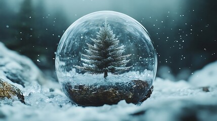 Snow globe made of ice crystal, pine tree spinning slowly within