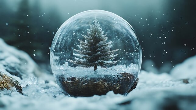 Snow globe made of ice crystal, pine tree spinning slowly within - Powered by Adobe