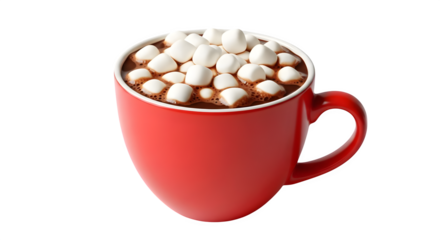 A red mug filled with hot chocolate and topped with many white marshmallows near brim ai generative, transparent background, white background.