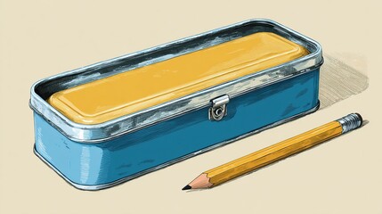 A teal metal pencil case, slightly worn, rests on a beige background, beside a sharpened yellow pencil; its slightly raised lid reveals a pale yellow interior