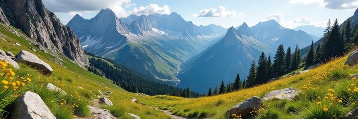 Breathtaking Rocky Mountain Vista Sunlit Peaks, Wildflower Meadows, and Adventurous Trails