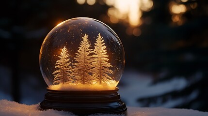 Snow globe of transparent steel with frosted pine silhouette