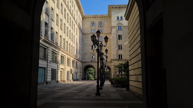 Sofia, Bulgaria. Passage and Government Buildings on Sunny Day, Council of Ministers and Constitutional Court