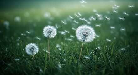 Delicate dandelion seeds gracefully carried by the wind across a lush green meadow, creating a magical and serene natural scene.