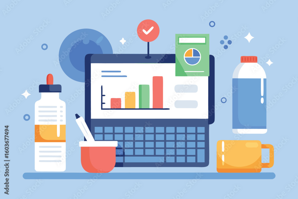 Poster flat vector of tidy productivity table with keyboard and charts flat design