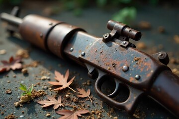 Obraz premium Rusty Relic A Close-Up of a Discarded Knife, Highlighting the Dangers of Unsecured Weapons and the Threat of Neglected Arms. The image emphasizes texture, decay, and historical grunge.