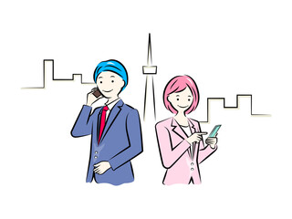 スマートフォンで操作・電話をする男女のビジネスパーソン｜ビジネスイラストシリーズ