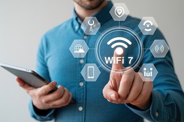 Person holding tablet interacting with holographic interface displaying wifi 7 technology and connected services icons