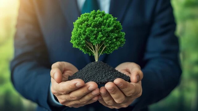 Green tree growing soil held by hands symbolizing growth care environment nature plant nurturing natural green environment soil plant growth hands