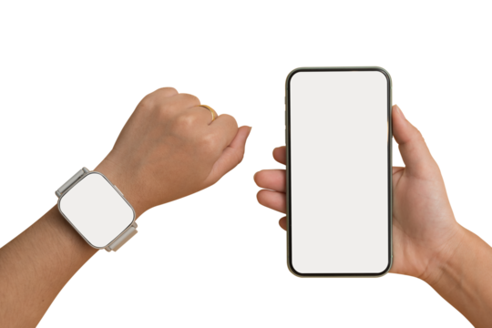 Hand holding smartphone with blank screen and wrist wearing smart watch isolated on white background - Powered by Adobe