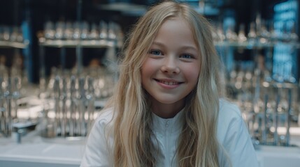 Fototapeta premium Cute girl in white lab coat smiles confidently while standing in chemistry laboratory filled with test tubes and equipment, scientific passion, and dreams of little chemist.