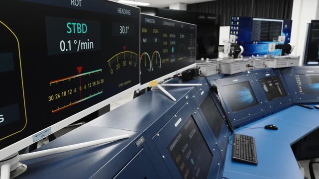 Modern ship bridge simulator at the Korean Maritime and Ocean University, with computer monitors displaying nautical navigation data for student training.