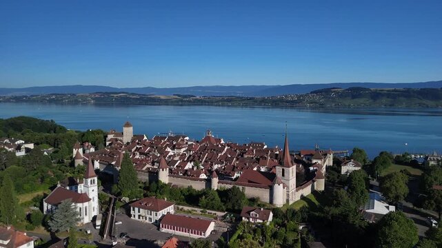 Murten medieval town Morat Switzerland aerial drone establishing shot defensive walls