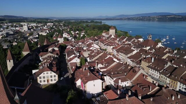 Murten town Switzerland aerial drone ancient medieval fortification walls Europe Morat