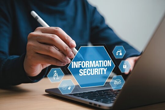 Person using a stylus on a laptop screen with a digital interface displaying information security concepts and icons - Powered by Adobe