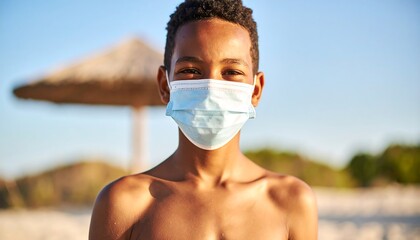 A young boy smiles at the camera while wearing a face mask on a beach