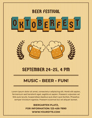 Oktoberfest invitation banner with beer mugs, vintage lettering and striped top background in retro mid century style. Vintage vector illustration for event promotion or web banners