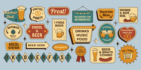 Oktoberfest sticker set with beer mugs, sausages, pretzels, banners and more German phrases in retro mid century style. Isolated vector illustration