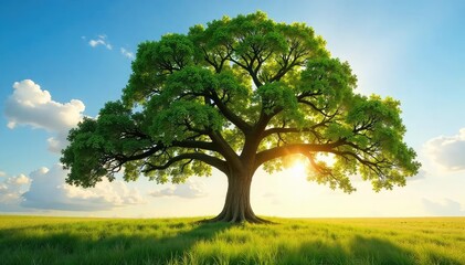 Fototapeta premium Majestic Oak Tree Swaying in Breezy Field, Sunlit Leaves Against Vibrant Sky - Nature Photography