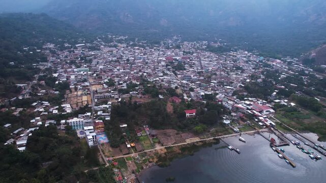 Aerial View of Santiago Atitlan Town and Lake Atitlan on Mosty Dau, Guatemala