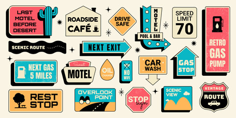 Retro sticker set with motel signs, highway icons, gas stops, scenic route labels and more elements. Vector illustration in vintage colorful style