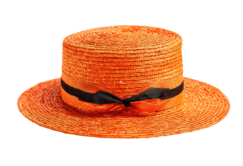Orange straw boater hat with black ribbon