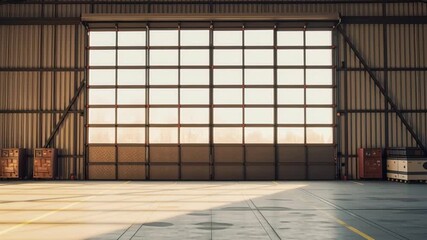 Large empty industrial hangar and warehouse with metal walls, concrete floor, and sunlight streaming through large windows creating calm atmosphere - Powered by Adobe