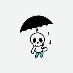Cute skeleton character holding an umbrella in the rain