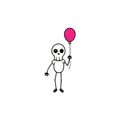 Cartoon skeleton holding a pink balloon
