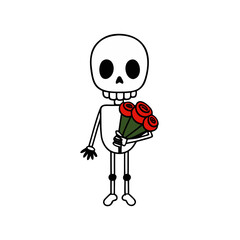 Cute skeleton holding a bouquet of red roses
