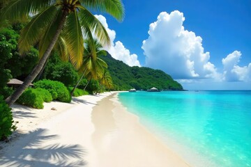 Secluded Tropical Island Paradise Pristine White Sand Beach, Turquoise Waters, Lush Green Vegetation, Swaying Palm Trees, Perfect Escapism Vacation