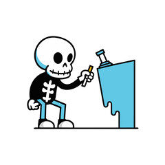 Cartoon skeleton spray painting a blue object