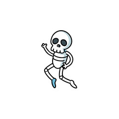 Cute cartoon skeleton dancing with one blue foot