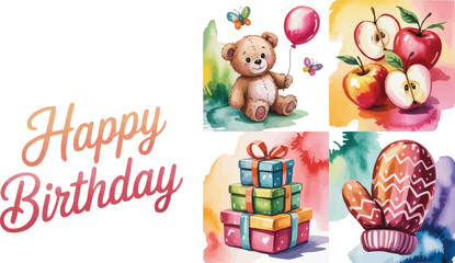 Obraz premium Watercolor Happy Birthday Card with Teddy Bear, Gifts, Apples, and Mitten Illustrations Collage