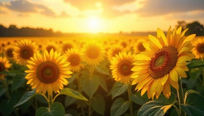 Fototapeta premium Dazzling Golden Sunflowers A Sun-Drenched Field Extending to the Horizon