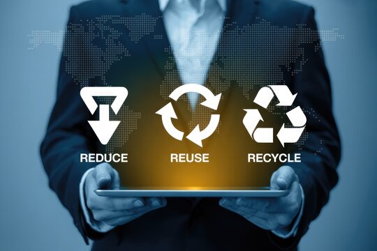 Businessman holding a tablet displaying the three r s of sustainability reduce reuse recycle with a world map background