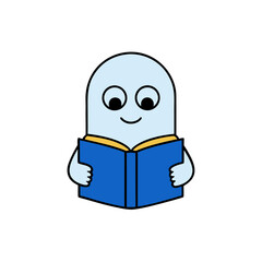 Cute blue blob character reading an open book